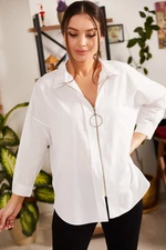 armonika Women's White Loose Zippered Shirt