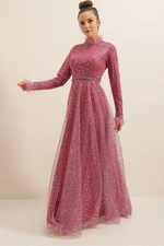 By Saygı Beaded Detailed Tulle Long Dress Fuchsia with Pile Collar And Sleeve Ends.