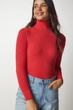 Happiness İstanbul Women's Dark Orange Turtleneck Basic Corduroy Sweater