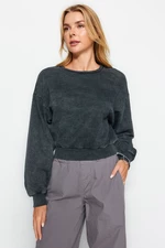 Trendyol Dark Anthracite Basic Crop Crew Neck Faded Effect Knitted Sweatshirt