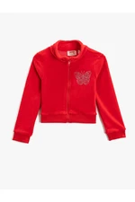 Koton Stand-Up Collar Zippered Fleece Cardigan Long Sleeved Butterfly Embroidered Detail.