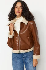 Trendyol Brown Suede Plush Detailed Biker Jacket Coat