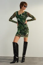 Trendyol Limited Edition Green Printed Mini Knitted Dress With Tulle Lined Asymmetrical Collar