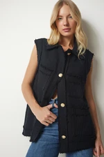 Happiness İstanbul Women's Black Tasseled Stripe Textured Vest