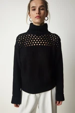 Happiness İstanbul Women's Black Turtleneck Sweater With Openwork Knitwear