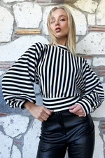 Trend Alaçatı Stili Women's Black and White Stand Up Collar Balloon Sleeve Striped Blouse