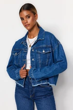 Trendyol Navy Blue Crop Denim Jacket with Tassels Hem