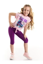 Mushi Super Roller Skates Girl's Pink T-shirt and Purple Leggings Set.