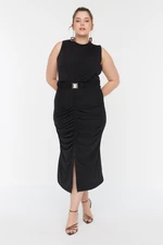 Trendyol Curve Black With a Belt, Fitted Knitted Drape and Slit Date Dress.