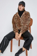 Koton Leopard Print Plush Jacket with Hoodie