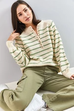 Bianco Lucci Women's Button-down Collar Turtleneck Striped Knitwear Sweater