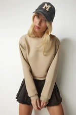 Happiness İstanbul Women's Beige Marked Crop Sweatshirt