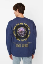 Trendyol Indigo Men's Oversize/Wide-Fit Long Sleeve Crew Neck Printed Sweatshirt