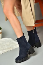 Fox Shoes R654006502 Navy Blue Genuine Leather and Suede Women's Boots with Thick Heels