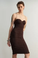 Trendyol Brown Chest Detailed Tulle Elegant Evening Dress