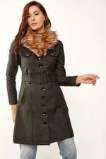 Bigdart 1026 Belted Faux Fur Leather Coat - Black