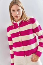 Bianco Lucci Women's Thick Striped Knitwear Cardigan with Metal Buttons