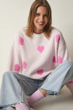 Happiness İstanbul Women's Light Pink Heart Textured Oversize Knitwear Sweater