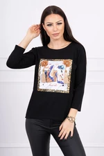 Blouse with 3D graphics and decorative pom pom black