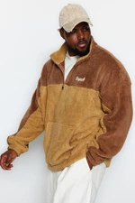 Trendyol Camel Unisex Plus Size Oversize/Wide Cut Color Block Embroidery Plush Sweatshirt