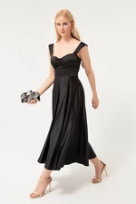 Lafaba Women's Black Strapless Flare Cut Midi Satin Evening Dress.