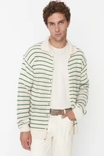 Trendyol Ecru Men's Regular Fit Striped Knitwear Cardigan with Crochet Detail.