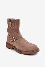 Women's flat heel boots with buckles, dark beige Bliggore