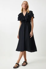 Happiness İstanbul Women's Black Flounce Summer Elastic Knitted Dress