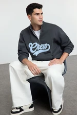 Trendyol Grey Stand Collar Oversize/Wide Cut Stand Collar Zippered Text Embroidered Sweatshirt