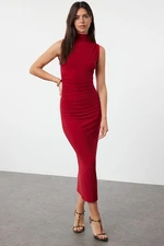 Trendyol Red Plain Gathered Maxi Zero Sleeve Draped Bodycone/Fits Body Stretch Knit Dress