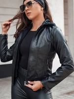 Women&#039;s leather jacket with hood REBELLO black Dstreet