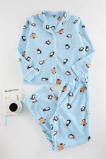 Trendyol Curve Blue Penguin Patterned Shirt Collar Knitted Pajama Set