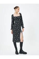 Koton Floral Midi Dress Long Sleeve Slit Detailed U-Neck Front Tie Detail