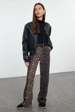 Trendyol Brown Leopard Patterned Straight Cut Woven Trousers