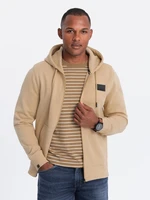 Ombre Men's unbuttoned sweatshirt with hood and patch - sand