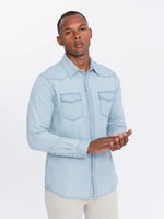 Ombre Men&#039;s denim snap shirt with pockets - light blue