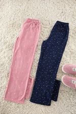 Trendyol Pink-Navy 2-Pack Star and Heart Patterned Polar Fleece Winter Knitted Pajama Bottoms