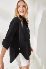 Olalook Women's Black Button Detailed Oversize Woven Shirt