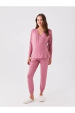 LC Waikiki Double Breasted Neck Plain Long Sleeve Maternity Pajamas Set