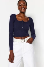 Trendyol Navy Blue Button Detailed Square Neck Fitted Flexible Crop Knitted Blouse