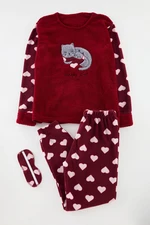 Trendyol Burgundy Heart Cat Embroidered Sleep Band Polar Winter Knitted Pajama Set