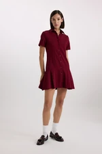 DEFACTO Polo Neck Basic Plain Short Sleeve Pleated Mini Dress