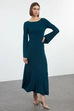 Trendyol Emerald Green Straight Boat Neck Fitted Skirt Flounce Maxi Flexible Knitted Dress