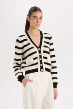 DEFACTO Regular Fit V Neck Striped Buttoned Cardigan