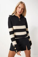 Happiness İstanbul Women's Black Cream Zipper Turtleneck Striped Knitwear Sweater