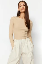 Trendyol Beige Ribbed Crew Neck Fitted Cotton Stretch Knitted Blouse