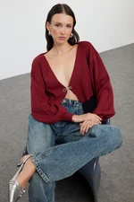 Trendyol Claret Red Super Crop Basic Bow Knit Cardigan