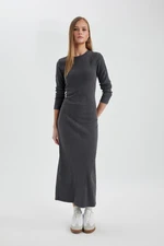 DEFACTO Bodycon Crew Neck Ribbed Camisole Maxi Long Sleeve Washed Fade Effect Dress