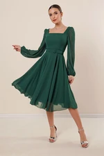 By Saygı Square Neck Belted Lined Flared Chiffon Dress