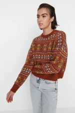 Trendyol Brown Wide Fit Miękki teksturowany wzorzysty sweter z dzianiny